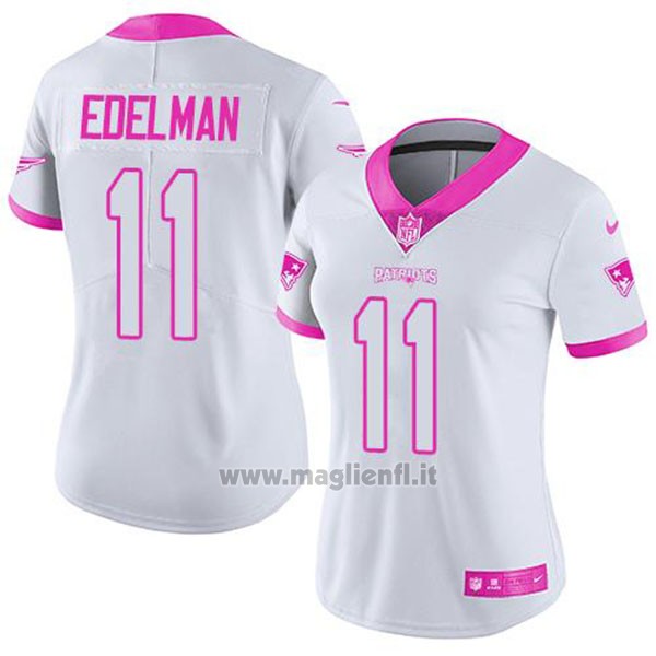 Maglia NFL Limited Donna New England Patriots 11 Julian Edelman Bianco Rosa Stitched Rush Fashion